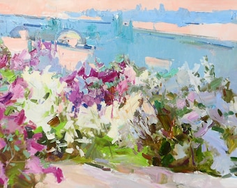 Lilac Garden Painting, Original Impressionist Oil on Canvas (17.7x31.5 IN)