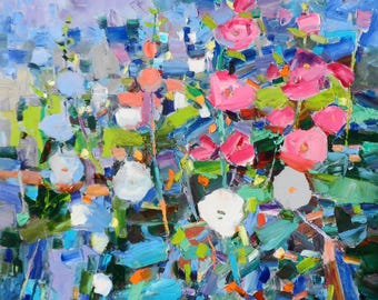 May include: Abstract painting of pink and white flowers with green leaves against a blue background. The painting is done in a loose, impressionistic style with visible brushstrokes.