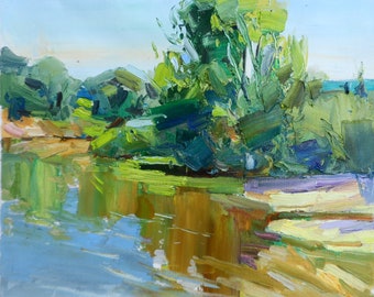 油絵風景画オリジナル、油絵、川と緑の色合いの穏やかで緑豊かな森の
