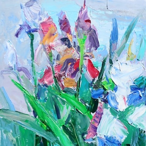Pintura de flores de íris Pintura a óleo original Arte de verão Impressionismo fino