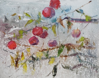 May include: A painting of a branch with red and pink fruit, against a white and grey background. The fruit is painted in a loose, impressionistic style.