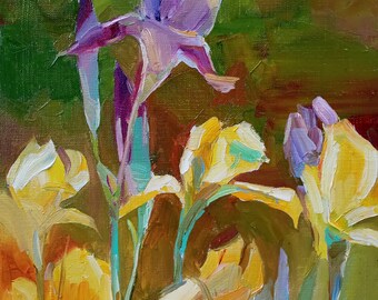 Ukraine Landscape Irises Flowers Original Oil Painting Oil on Canvas Fine Art Impressionism