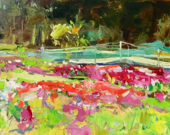 May include: A colourful oil painting depicting a field of pink and red flowers with a white bridge in the background. The painting has a bright and vibrant colour palette.