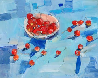 画家　手描きの油絵「チェリー」 絵画「チェリー」/油絵/キャンバス/ハンドメイド/壁飾り/インテリア