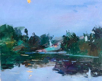 Mond Ukraine Landschaft Fluss Fine Art Original Ölgemälde Öl auf Leinwand Gemälde Impressionist