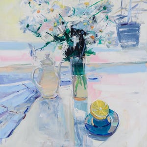 Flowers Chamomile Original Acrylic Painting Blue on Canvas Fine Art Impressionism
