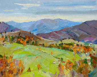 May include: A painting of a landscape with rolling hills and mountains in the background. The hills are covered in green grass and trees, and the mountains are a hazy blue. The sky is a light blue with a few white clouds.