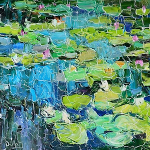 Pintura de nenúfares estilo craquelure pintura a óleo de paisagem impressionismo original