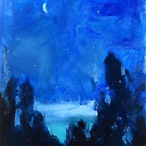 Pintura de paisaje nocturno iluminado por la luna en lienzo