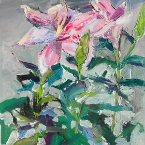 ユリの花の絵画 オリジナル油絵 モダンな壁装飾 キャンバスに