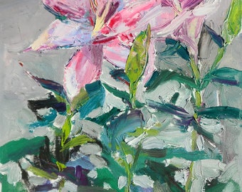 ユリの花の絵画 オリジナル油絵 モダンな壁装飾 キャンバスに描かれた