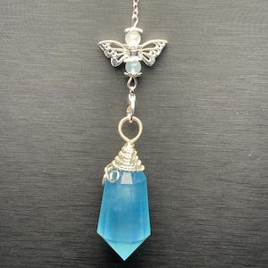 Natural aquamarine 12 sided vogel style Crystal Butterfly Fishtail Charm, Alloy Setting pendulum