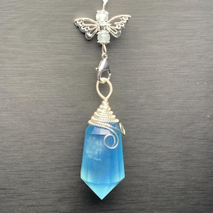 Natural aquamarine 12 sided vogel style Crystal Butterfly Winged Heart Key Charm Charm, Alloy Setting pendulum