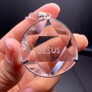 Clear Quartz Star of David Pendant: &quot;JESUS&quot; Sterling Silver, 3D Hexagon