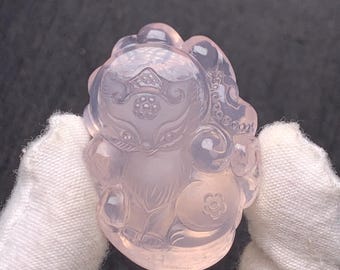 宝石のようなローズクォーツ九尾の狐の水晶彫刻 - 高品質 (~50g