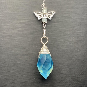 Natural aquamarine 12 sided Faceted Crystal Butterfly Winged Heart Key Charm Charm, Alloy Setting pendulum