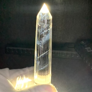 28sided Natural clear quartz with blue angels feather inclusions Vogel style quartz