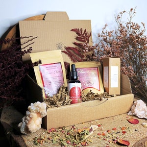 MONDZYKLUS Box | Göttin Geschenkidee, Geschenkset, Kräutertee-Öl-Tinktur Kakao, Heiße Schokolade für Frauen, Selbstverwöhnbox