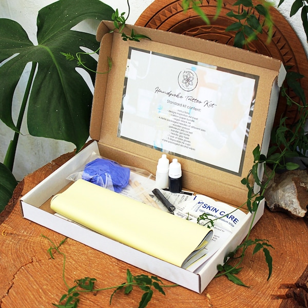 Handpoke Tattoo Kit / PEQUEÑO, COMPLETO Stick Poking DIY Tattooing Kit, Paquete de Inicio, Natural No Tóxico, Caja para Principiantes, Vegano Libre de Crueldad