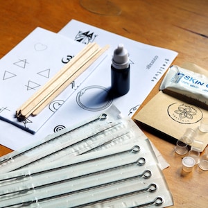 Handpoke Refill Kit #4 | Needles Black VEGAN Natural Ink, Stencil Designs, Cups and Petroleum Jelly, Stick Poking, Hand Poke Supplies Set