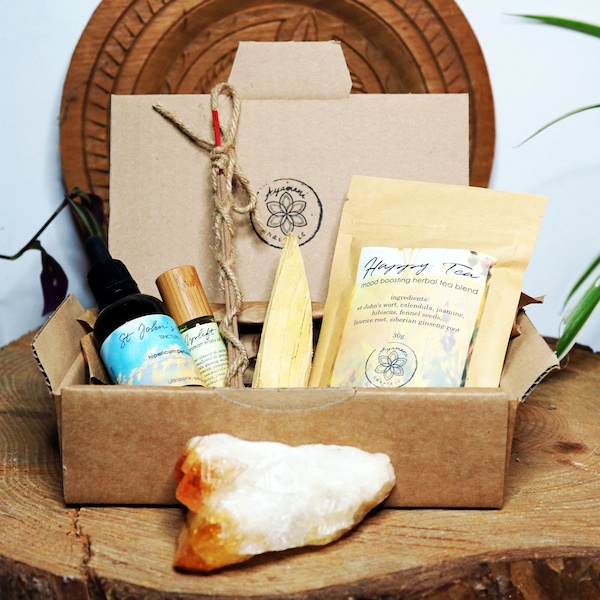 BONHEUR DANS UNE BOÎTE Kit cadeau | Cadeau fête des mères Happy Tea, aromathérapie pour améliorer l'humeur, teinture de millepertuis, Palo Santo| Boîte autosoins