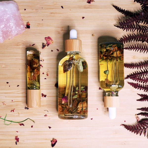 Huile APHRODISIAQUE | Huile infusée rituelle et massage, huiles essentielles infusées de cristaux et de fleurs, rose jasmin armoise cannelle, idée cadeau romantique