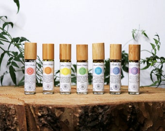 7 CHAKRAS OIL SET | Chakra Balancing Oils, Essential Oils Infused with Crystals Dried Herbs and Flowers, 10ml Glass Roller with Bamboo Cap