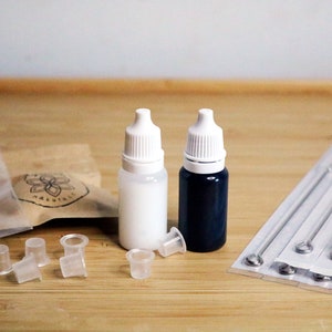 TATTOO Needles & INK, FREE ink Cups,  Basic Handpoke Tattooing Kit, Stick Poking Hand Poke Tattoo Essentials, White Black Natural Ink Vegan
