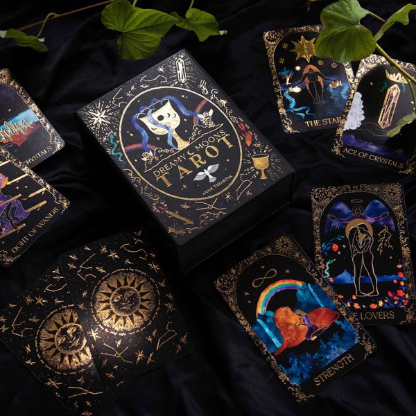 Baraja de Tarot Lunas Soñadoras: Lámina negra y dorada, Cartas Indie Intuitivas