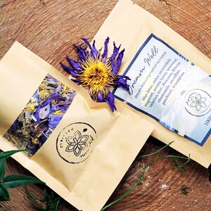 May include: Two brown paper bags with a blue and yellow flower on top. The bag on the right has the text "Dream Well" and lists the ingredients of a herbal tea blend. The bag on the left has a clear window showing a variety of dried herbs.