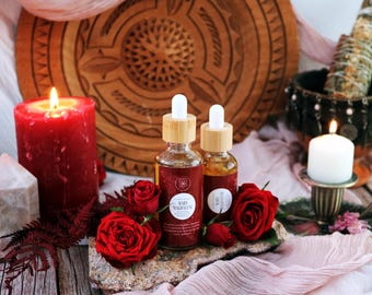 Olio di Maria Maddalena / Olio devozionale per unzione, rituale e corpo - con rosa mirra e nardo, cristalli di granato, loto bianco