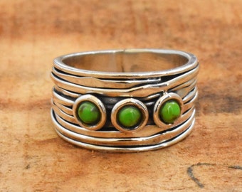 Green Turquoise Spinner Ring, Sterling Silver Meditation Ring, Triple Stone Worry Ring, Anxiety Spinner Ring, Handmade Band, Gift for Her