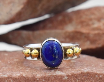 Anillo de lapislázuli de oro de 18 k, anillo de lapislázuli azul, anillo de promesa, joyería de lapislázuli, anillo de oro rosa, anillo de moda, regalo de Navidad