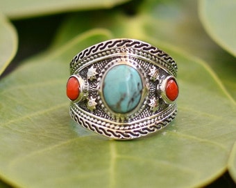 Anillo turquesa de plata de ley, anillo bohemio, anillo de plata, anillo turquesa, anillo turquesa, anillo turquesa hecho a mano en plata de ley, anillo