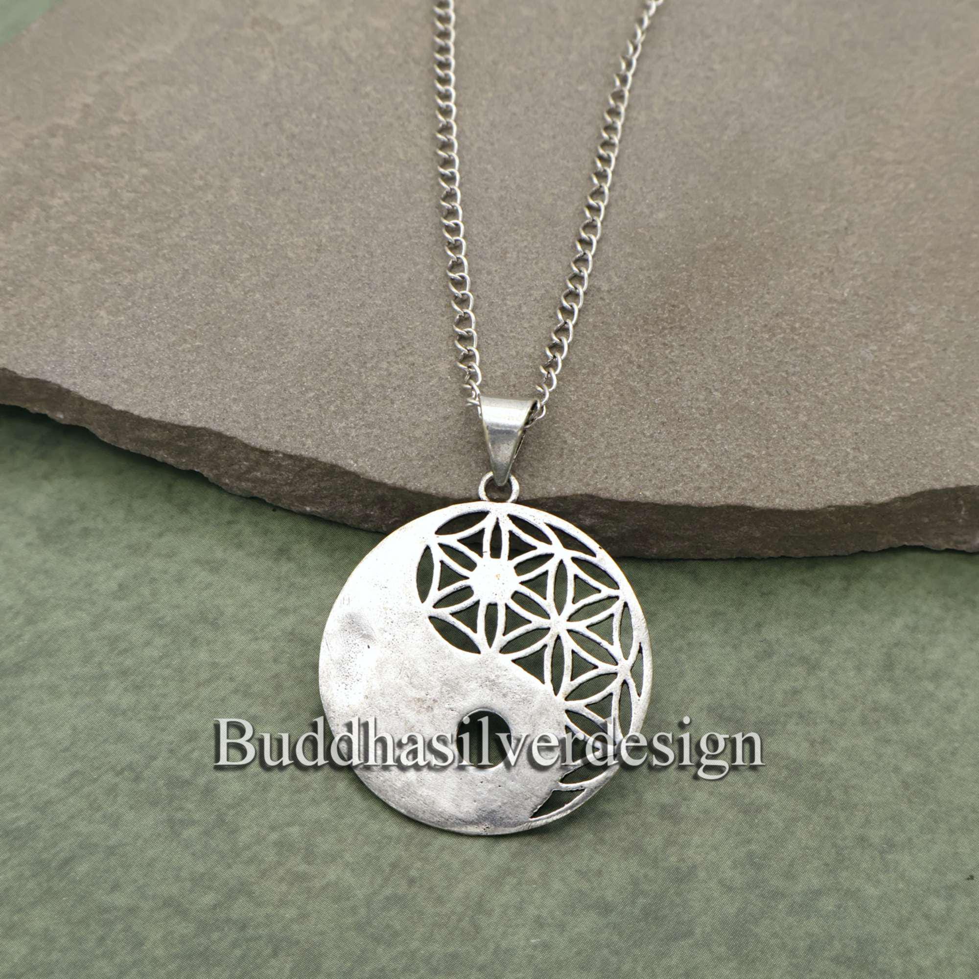 Yin Yang Brass Pendant Necklace, Flower of Life Design, Silver-Plated Brass Jewelry, Spiritual Pendant, Boho Jewelry, Unique Gift for Her
