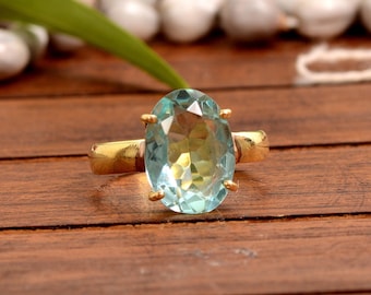 Anillo de aguamarina, anillo de plata esterlina maciza 925, piedra preciosa de cuarzo aguamarina de talla cojín, oro rosa, anillo relleno de oro amarillo de 22 quilates, anillo de regalo