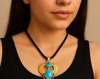 Turquoise Scarab Pendant Necklace, Egyptian Revival Jewelry, Gold Beetle Necklace, Boho Statement Pendant, Spiritual Protection Amulet Gift