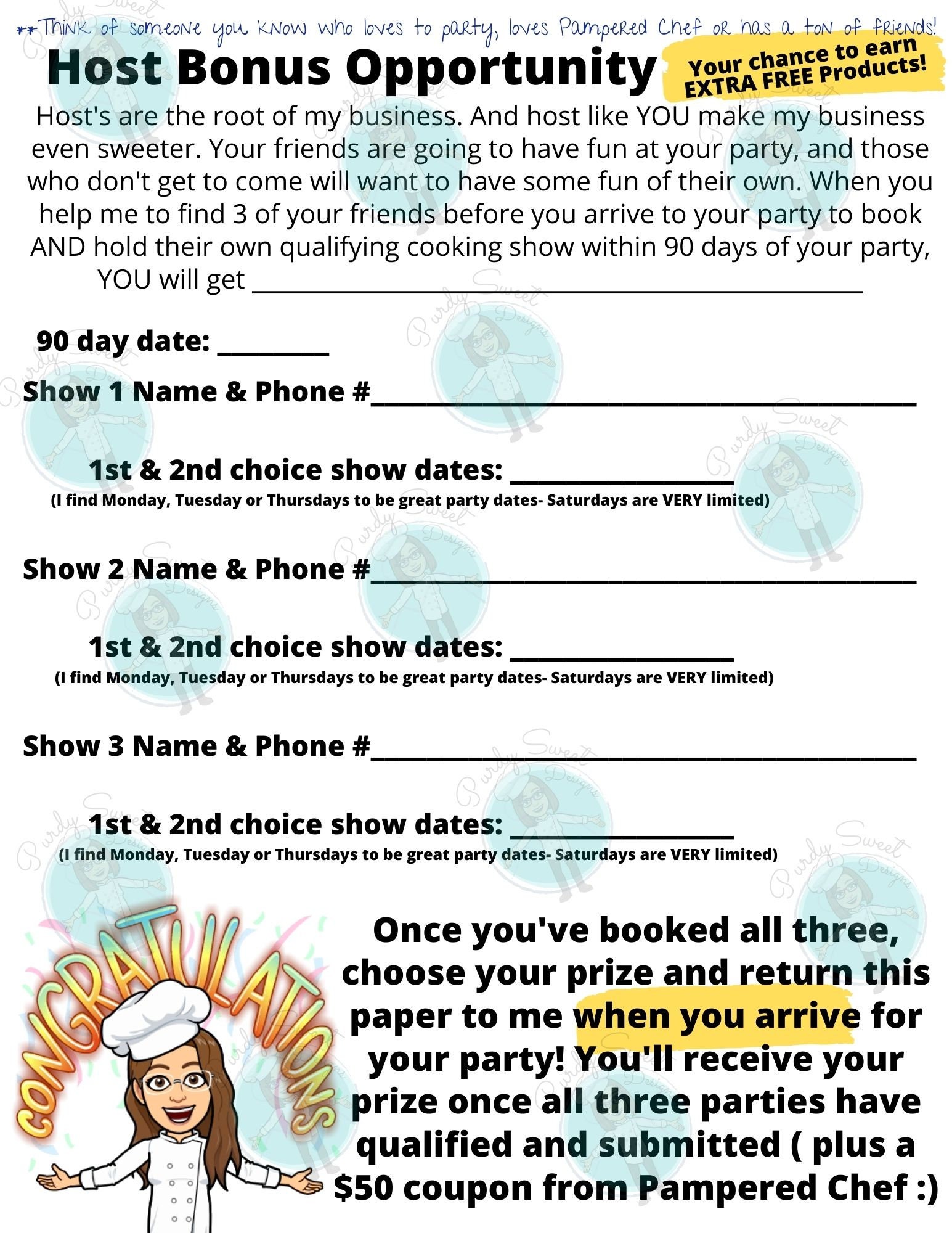 Pampered Chef Party tools, Fridge Reminder checklist and Booking Incentive offer, printable business tools for consultants