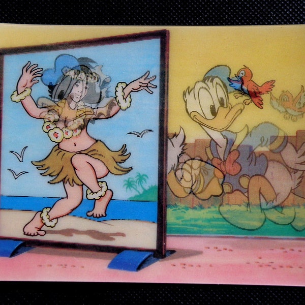 Vintage WALT DISNEY 3D POSTKARTE - Donald Duck Hawaiianische Tanz - Original Lentikular Bewegung Karte - Toppan Top Stereo - Unbenutzt (OS01)