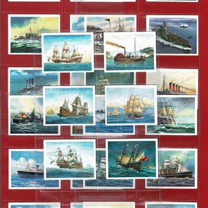 HISTÓRIA MARÍTIMA DA GRÃ-BRETANHA - Conjunto de cartas de cigarro e tabaco - John Players Tom Thumb - Navios de guerra. Porta-aviões. Interesse Náutico (SU11)