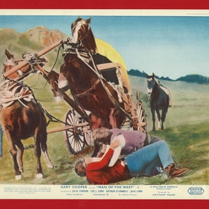 GARY COOPER - carte LOBBY vintage Cinema Film - « L'homme de l'Ouest » - 1958 United Artists - image de film en couleur. Film de cow-boy (SU26)