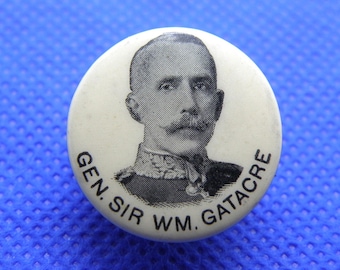 BOER WAR LEADERS - 1901 Celluloid Button Pin Badge - General Gatacre - American Tobacco Co. A.T.C. -Metal Badge - Whitehead & Hoag  (WK05)