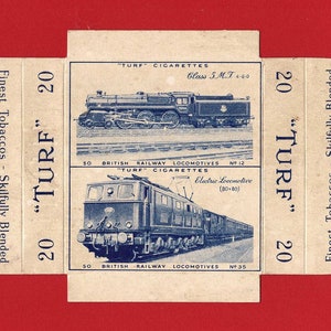 BRITISH RAILWAY LOCOMOTIVES - Sigaretten- / tabakskaarten uit 1952 - Carrera Turf Cut-Out - Treinlocomotieven "Klasse 5MT" "Elektrische locomotief" (VE07)