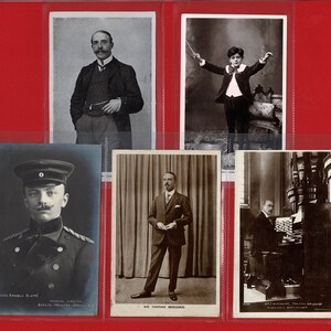COMPONISTEN & MUZIKANTEN POSTKAARTEN - Vijf originele vintage kaarten - Sir Thomas Beecham. Max Darewski. De heer Arnold Blome. Frederik Cowen (RN03)