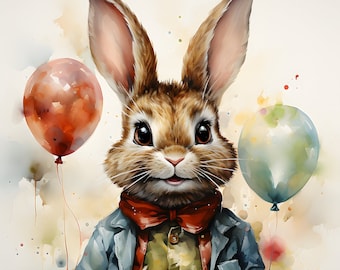 Rabbit with balloons | Easter bunny watercolor | Easter card with bunny motif | Watercolor Easter Bunny | Easter poster download | AI style