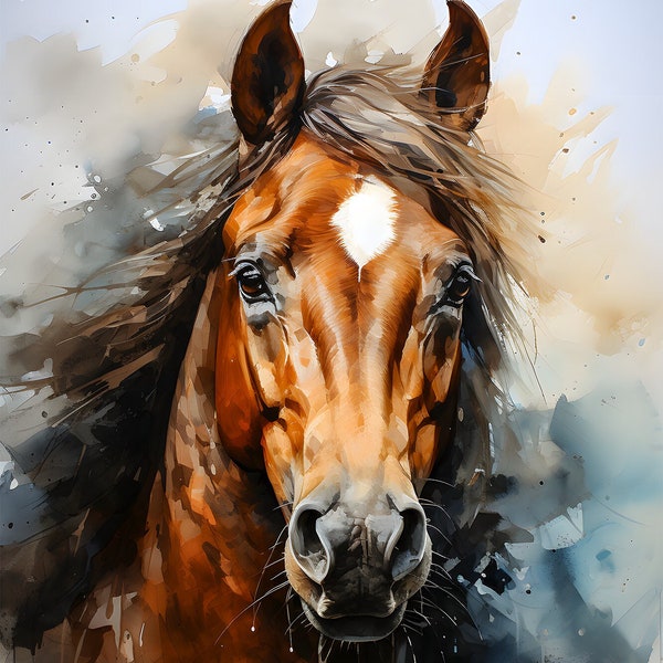 Horse picture | Animal portrait in watercolor style | Artistic horse representation | Wall decoration | Artificial intelligence | Midjourney