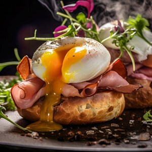 May include: Two poached eggs with runny yolks on toasted bread with ham and greens. The eggs are topped with black pepper and the dish is garnished with fresh herbs.