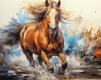 Galloping horse | Animal portrait in watercolor style | Powerful horse representation | Midjourney | Artificial Intelligence