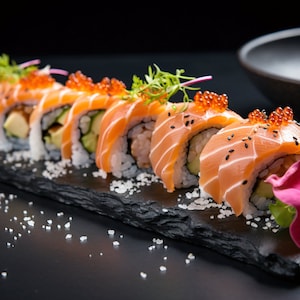 Könnte beinhalten: Sushi-Rollen mit Lachs, Avocado und Reis, belegt mit orangefarbenem Rogen und schwarzen Sesamsamen. Auf einem schwarzen Schieferteller angerichtet, garniert mit Grünzeug und einer rosa Blume. Dunkler Hintergrund.