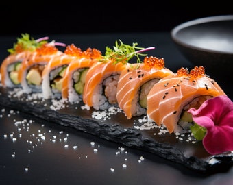 Sushi | Slate plate with sushi Sushi poster | For menus | Sushi design plate | Artificial Intelligence, Midjourney AI